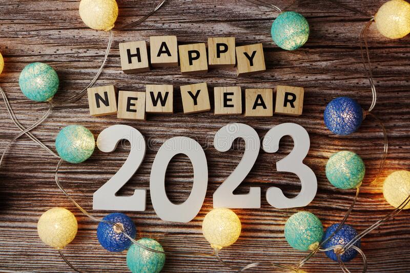 happy new year decorate led cotton ball wooden background 227265567